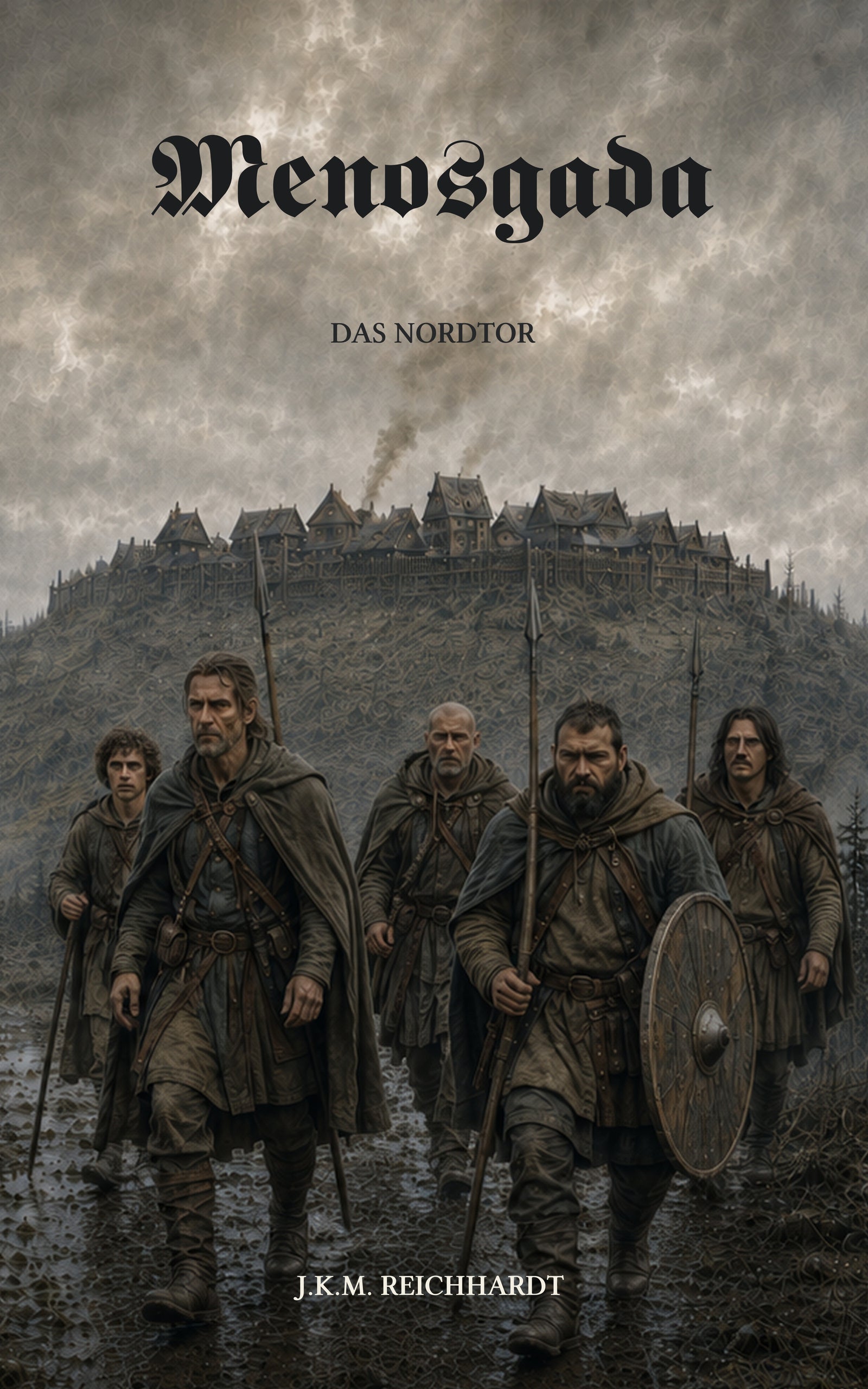Cover Menosgada – Das Nordtor, Variante V1 mit fünf Reisenden vor einer befestigten Stadt